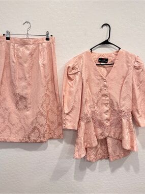 Vintage David Rose Pink Brocade Two-Piece Skirt Set Womens 12 Peplum Jacket